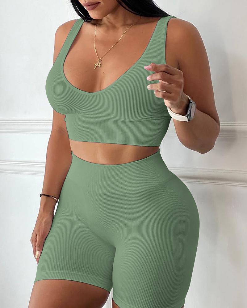 

Seamless Ribbed Yoga Sports Active Sets, Army green