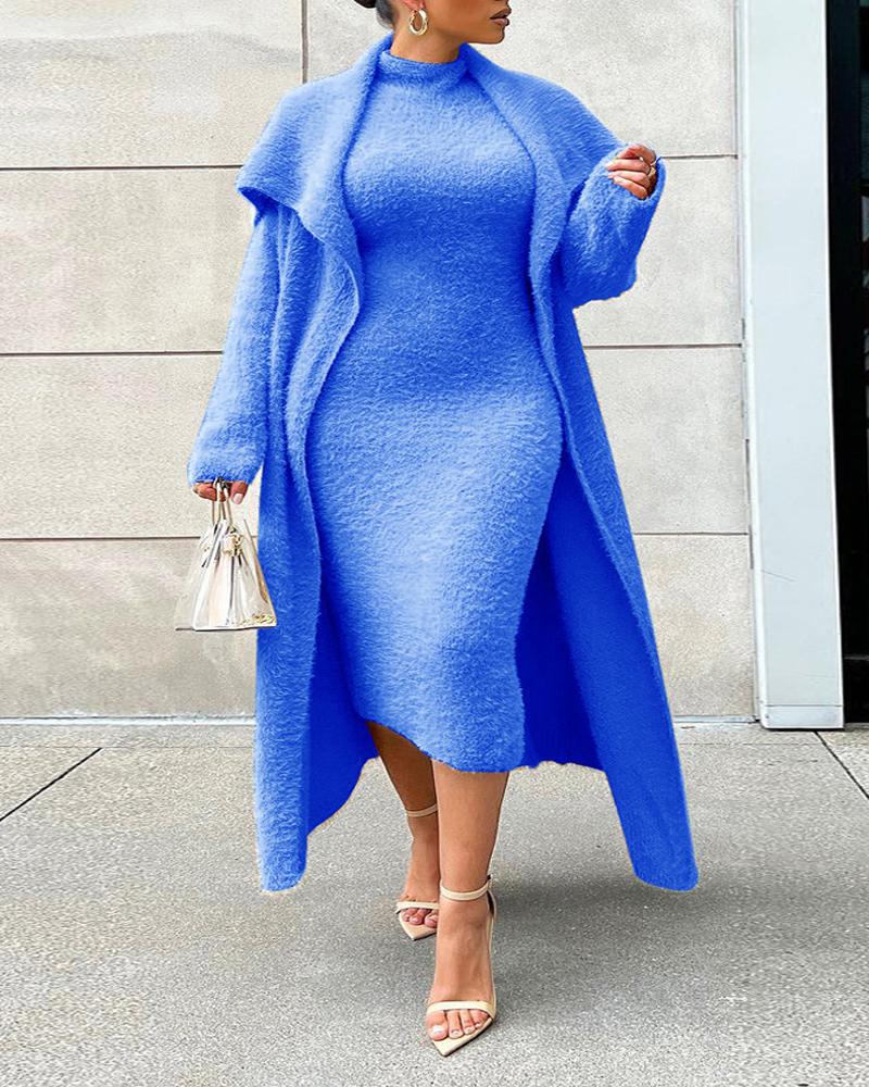

Plus Size Fluffy Midi Dress With Longline Coat, Blue
