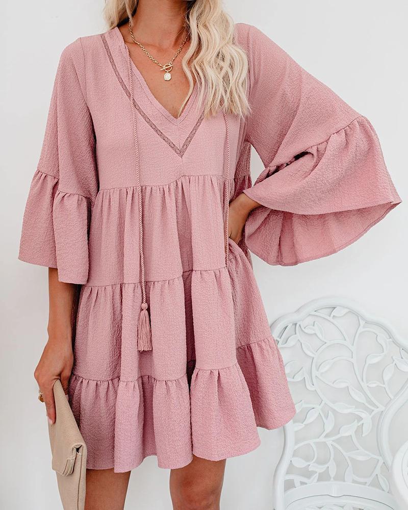 

V Neck Ruffle Hem Tassel Decor Dress, Pink