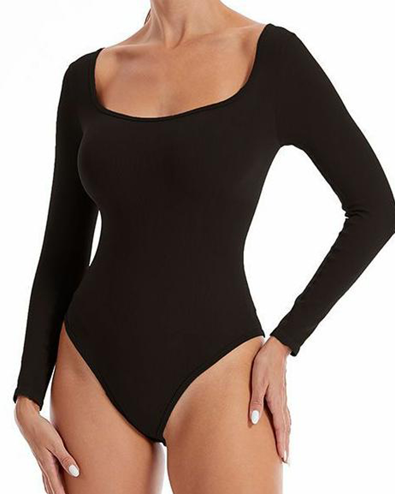 

Square Neck Long Sleeve Shapewear Bodysuit, Black