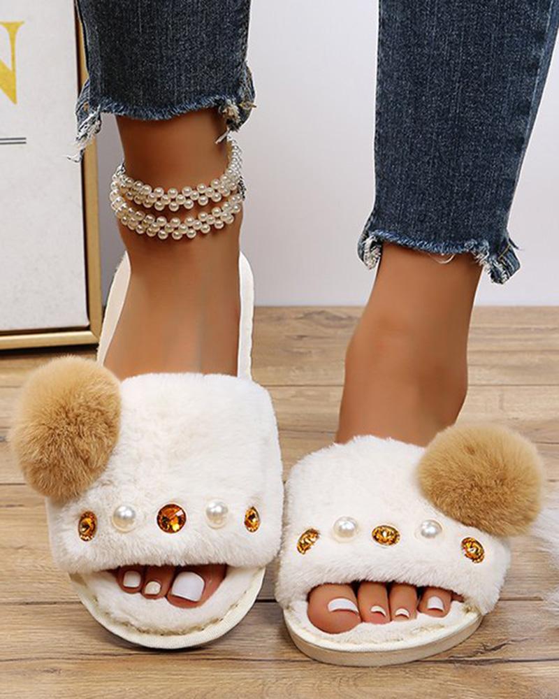 

Pom Pom Pearls Decor Fuzzy Slippers, Khaki