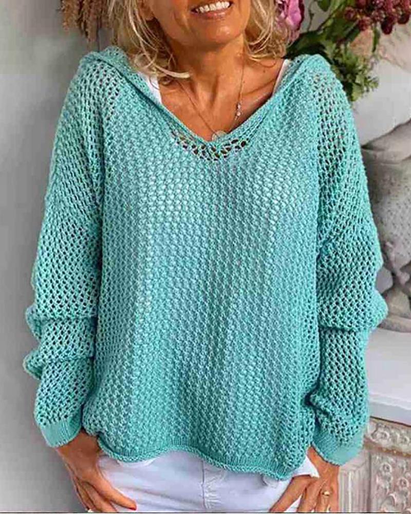 

Hollow-out Lantern Sleeve Knit Hooded Sweater, Blue