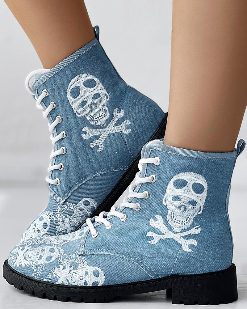 

Halloween Toxic Skull Head Sign Embroidery Lace-up Ankle Boots, Blue