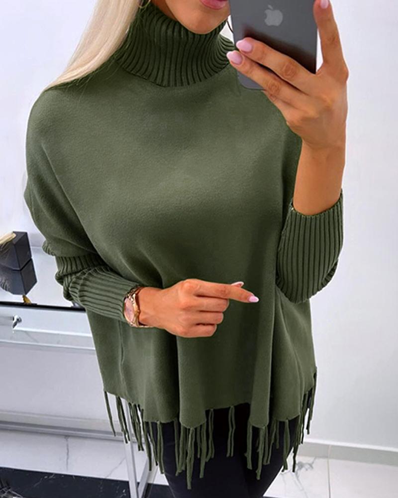 

Turtleneck Long Sleeve Tassel Design Knit Sweater, Green