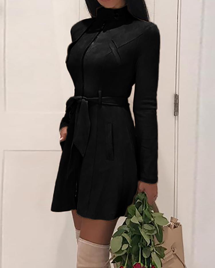 

Zipper Front Pocket Design Belted Dress, Black