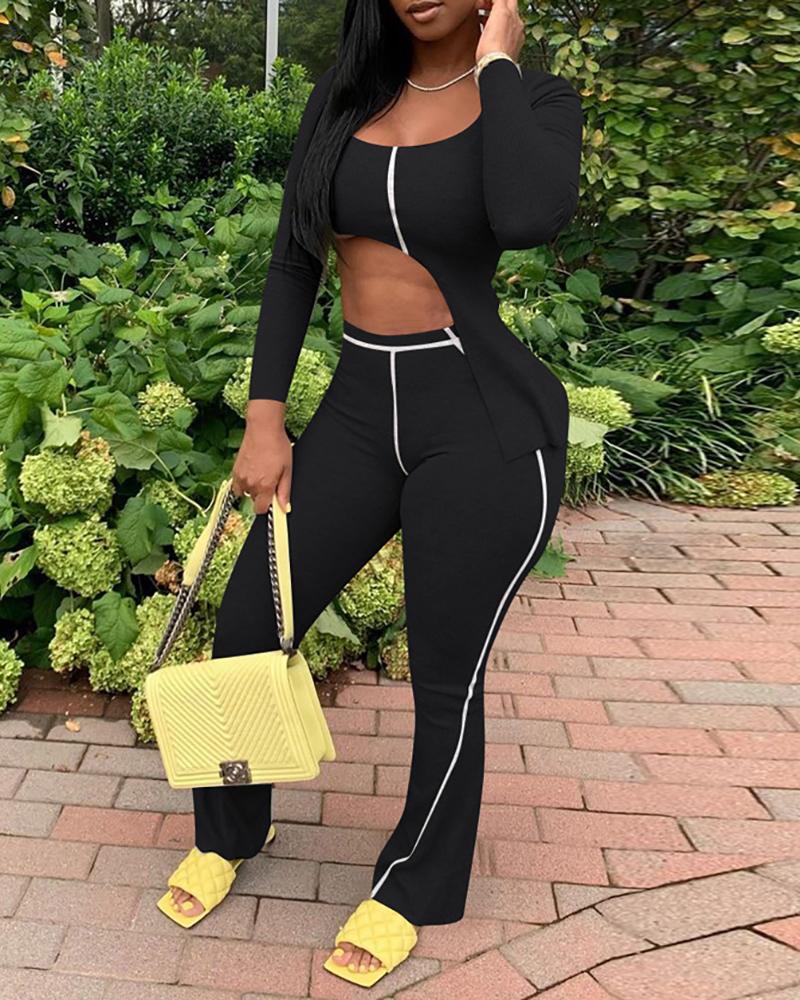 

Contrast Piping Cut Out Top & High Waist Pants Set, Black
