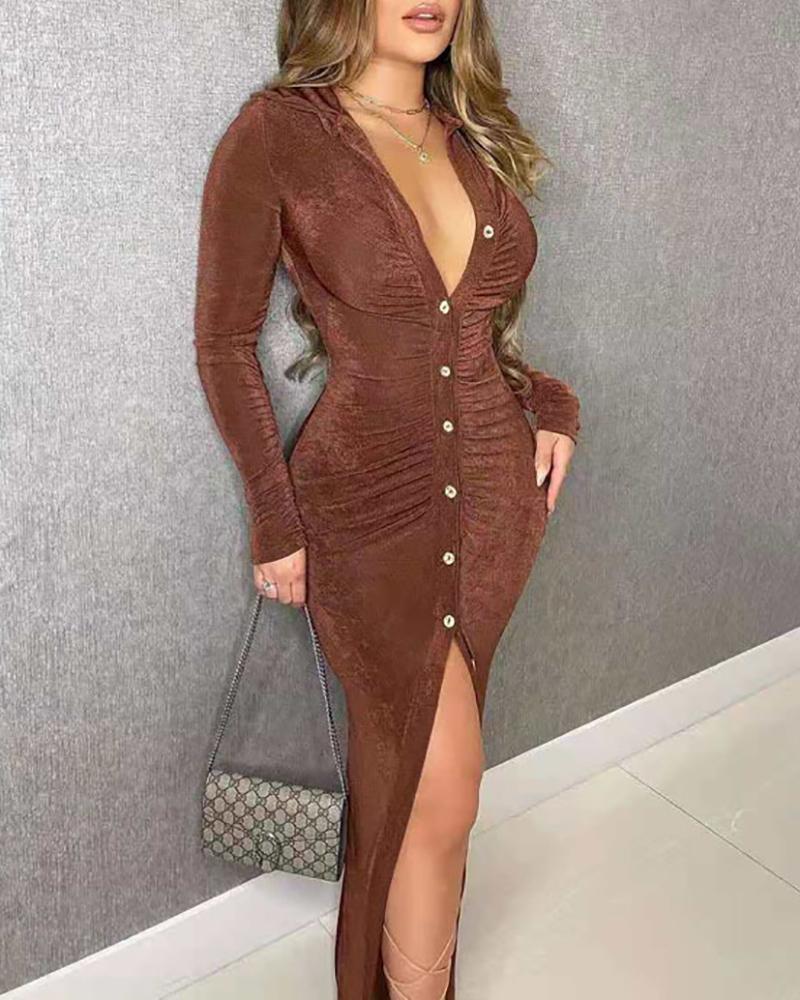 

Long Sleeve Ruched Button Design Slit Maxi Dress, Coffee