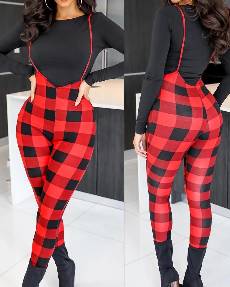 

Long Sleeve Top & Plaid Print Suspender Jumpsuit Set, Red