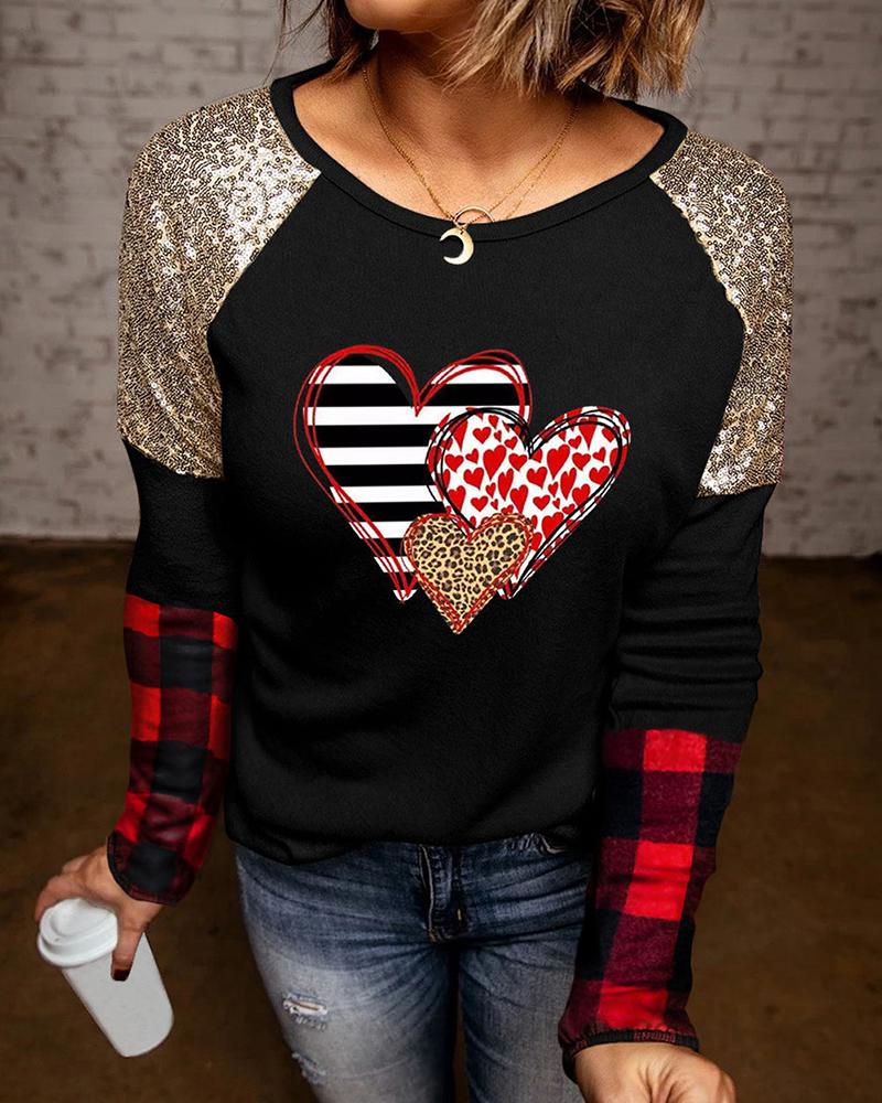 

Valentine' Day Contrast Sequin Plaid Cheetah Heart Print Top, Black