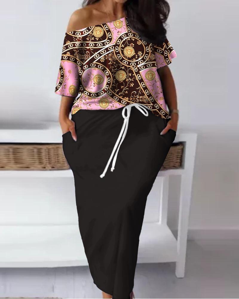 

Plus Size Scarf Baroque Print Casual Top & Skirt Set, Black