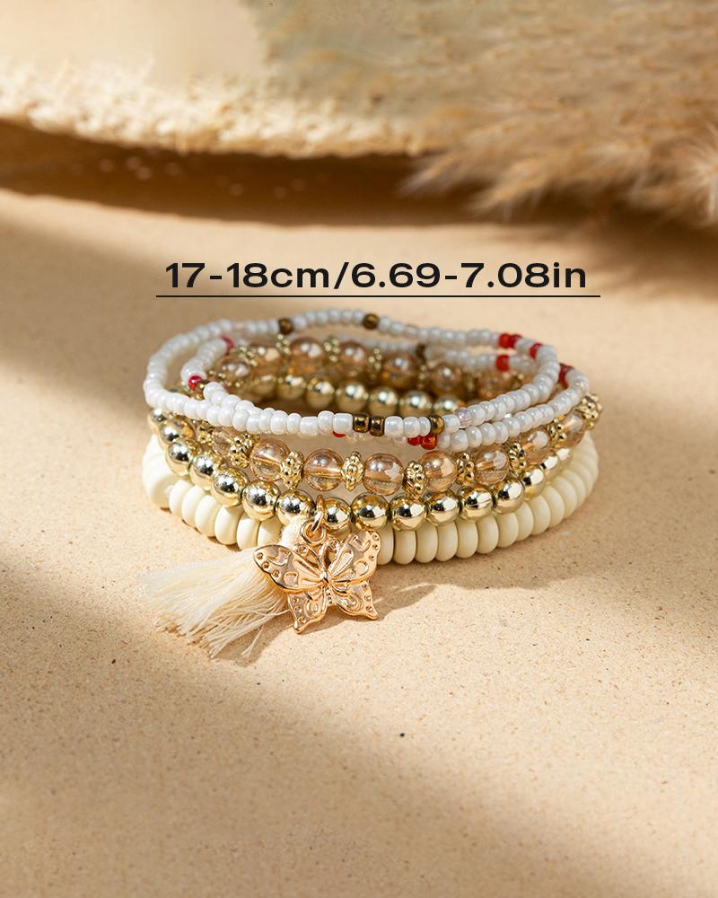 

5 piezas Set de pulsera con borlas y patrón de mariposa, Beige