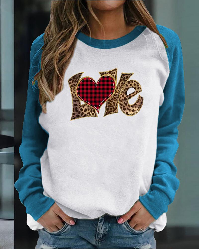 

Valentine' Day Love Heart Print Raglan Sleeve Sweatshirt, Blue