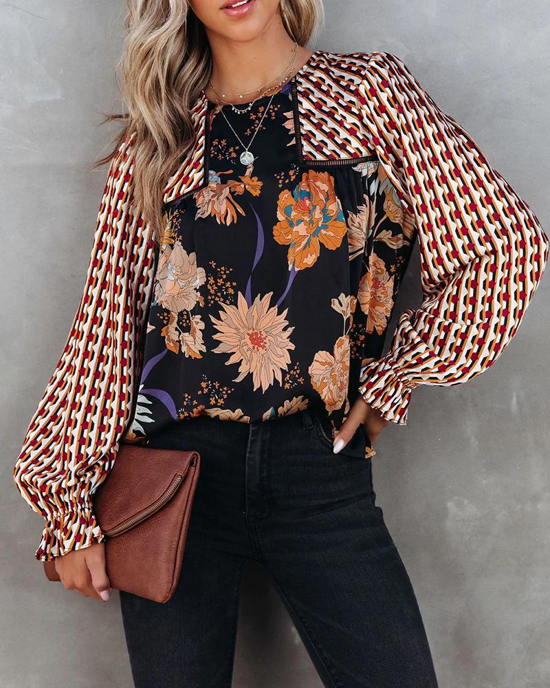 

Floral Geo Print Patchwork Flounce Sleeve Top, Multicolor