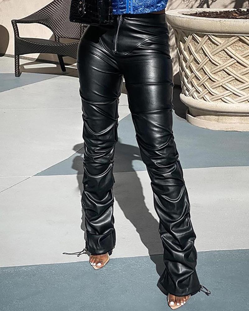 

PU Leather High Waist Zipper Decor Ruched Pants, Black