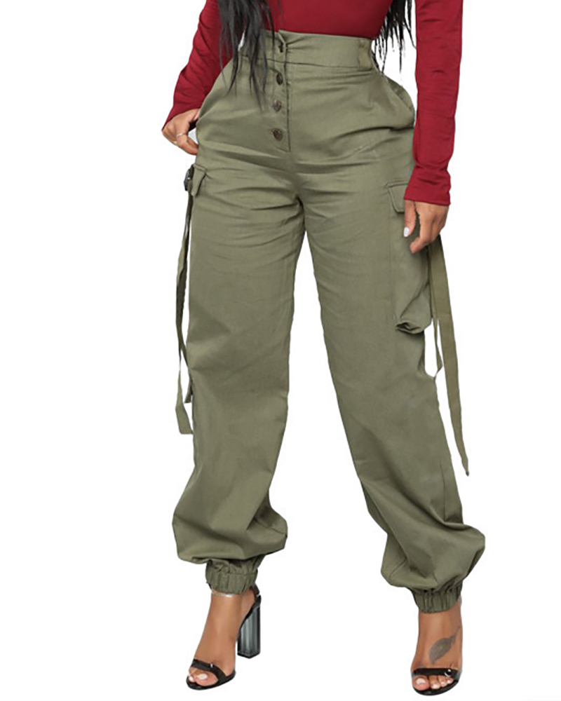 

High Waist Button Pocket Design Cargo Pants, Green