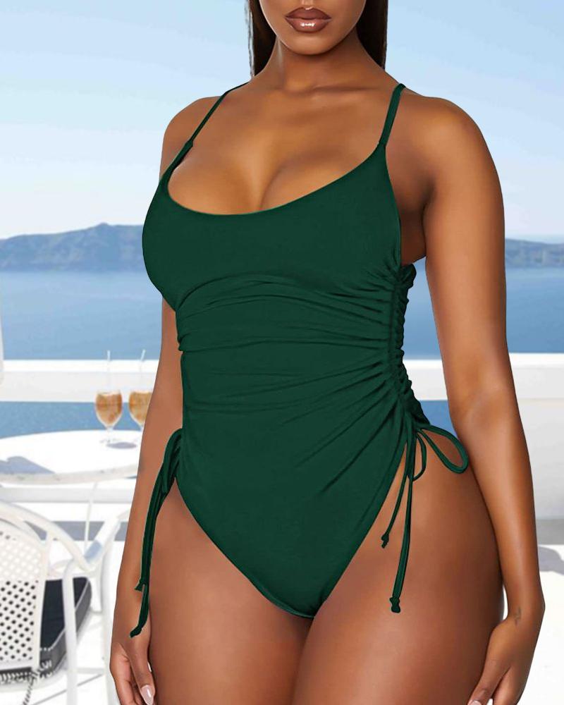 

Drawstring U-Neck Sleeveless One Piece Swimsuit, Green