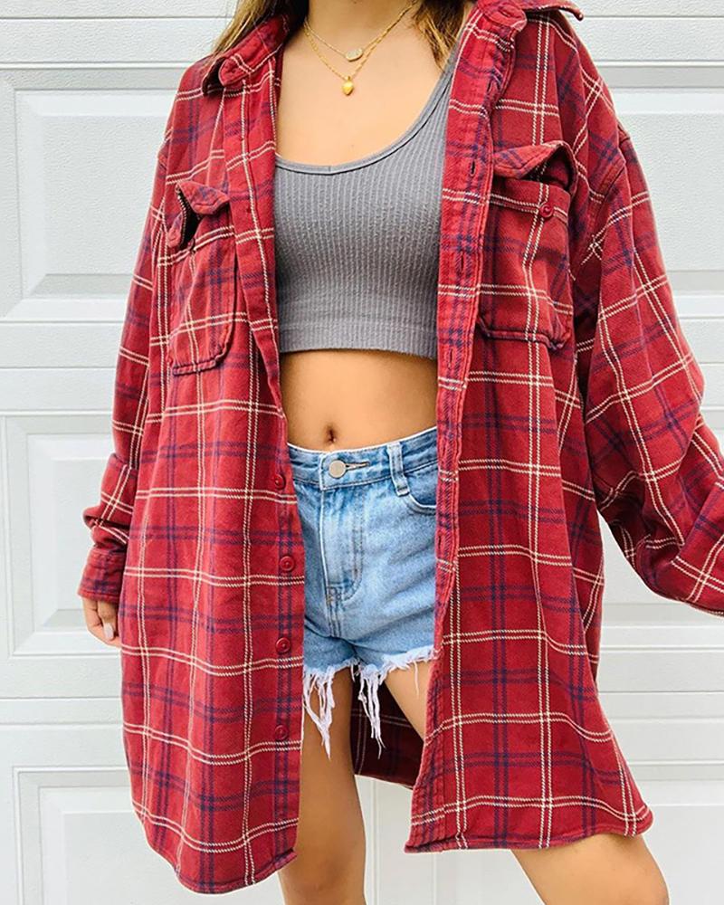 

Plaid Pocket Design Long Sleeve Shirt, Red