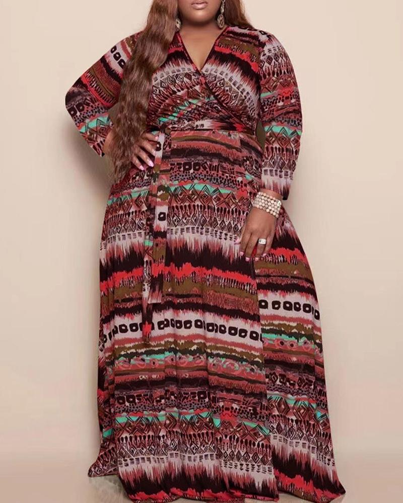 

Plus Size Tribal Print Long Sleeve Wrap Maxi Dress, Red