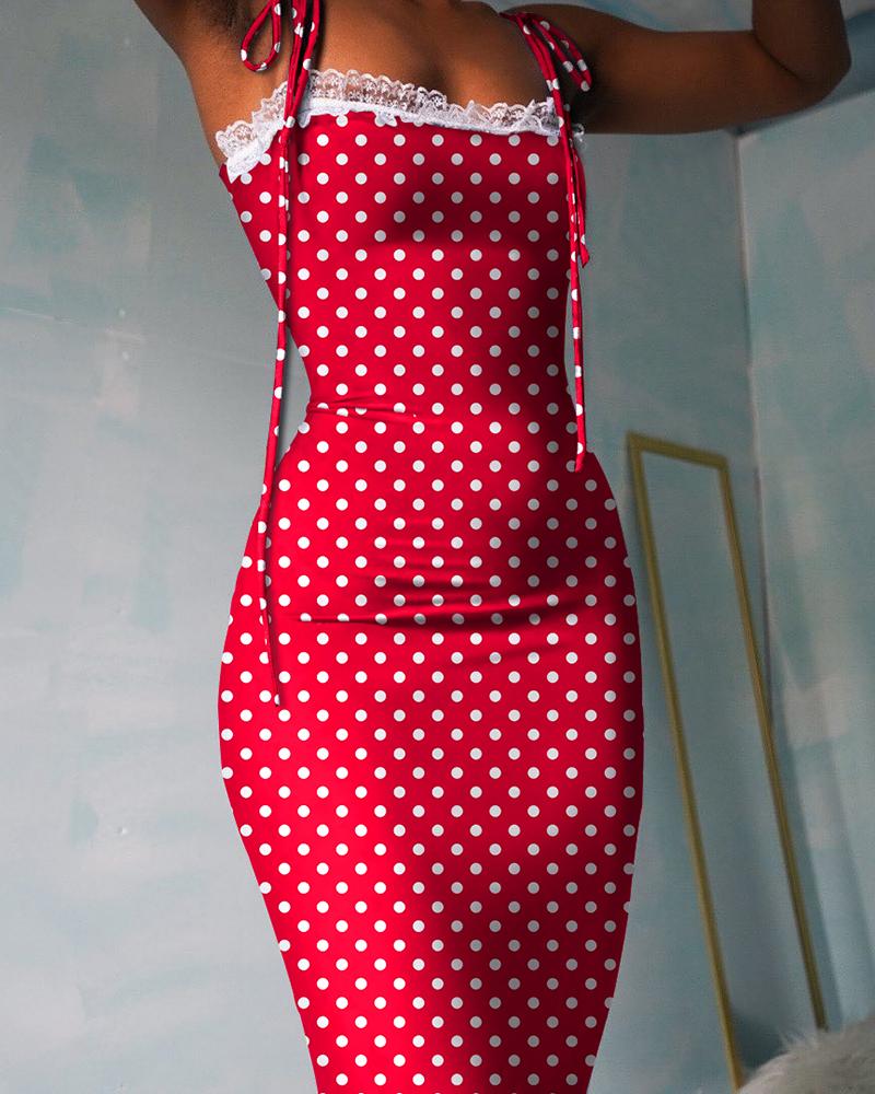 

Polkadot Print Lace Trim Tied Detail Maxi Dress, Red