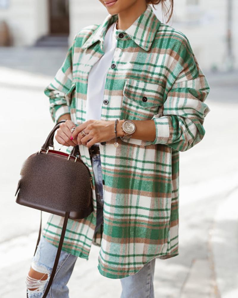 

Plaid Print Buttoned Pocket Design Coat, Green