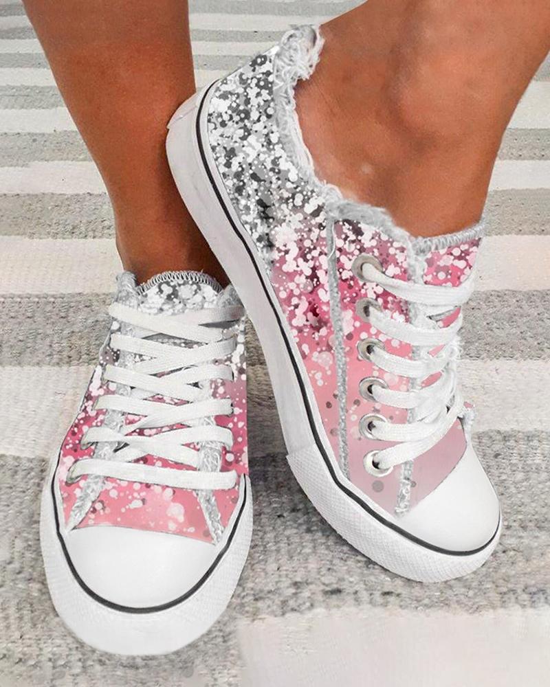 Valentine's Day Ombre Lace-up Fringe Hem Canvas Sneakers