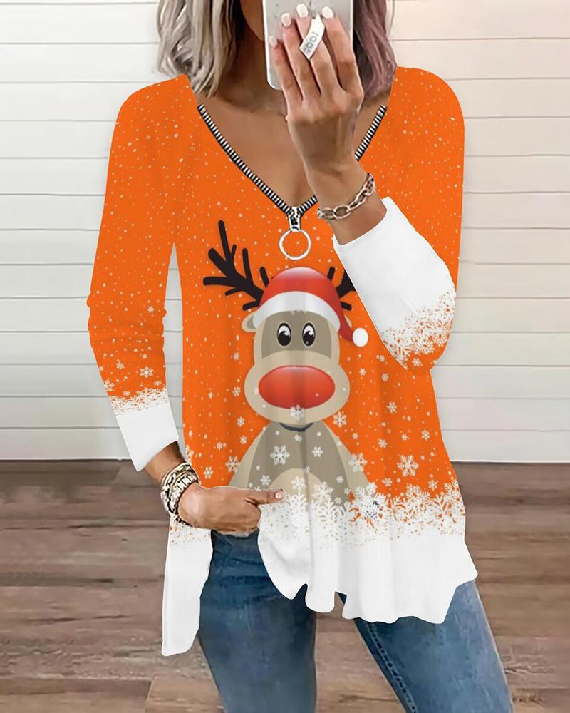 

Christmas Elk Graphic Print Zipper Design Top, Orange