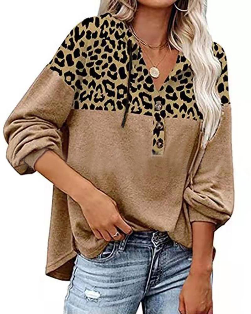 

Cheetah Print Colorblock Long Sleeve Hooded Top, Khaki