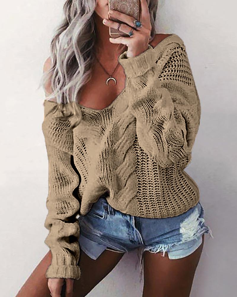 

Solid Long Sleeve Knit Casual Sweater, Khaki