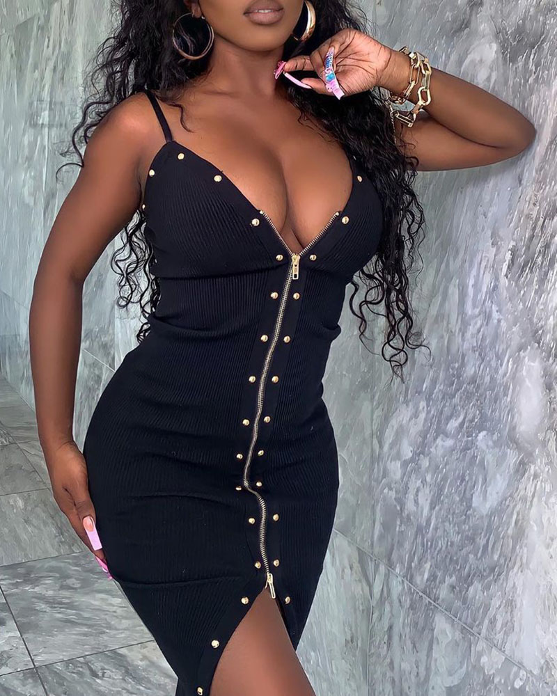 

Spaghetti Strap Studded Zipper Design Slit Bodycon Dress, Black