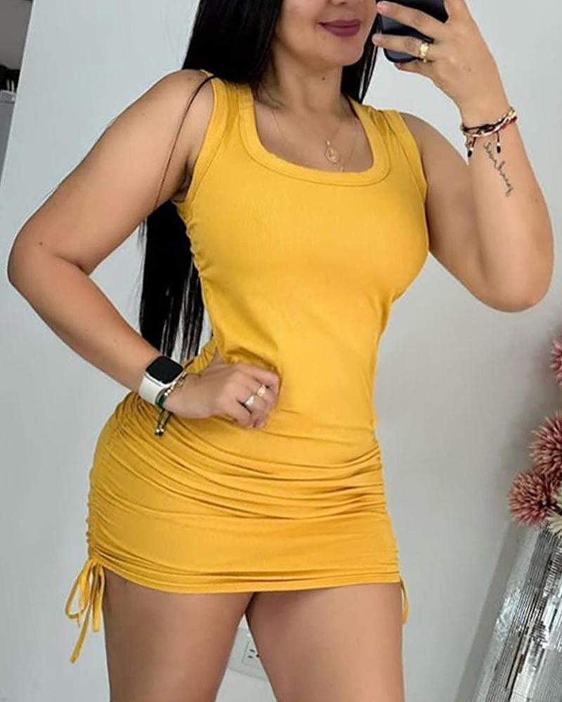 

Minivestido de canalé sin mangas con cuello en U y cordón, Yellow