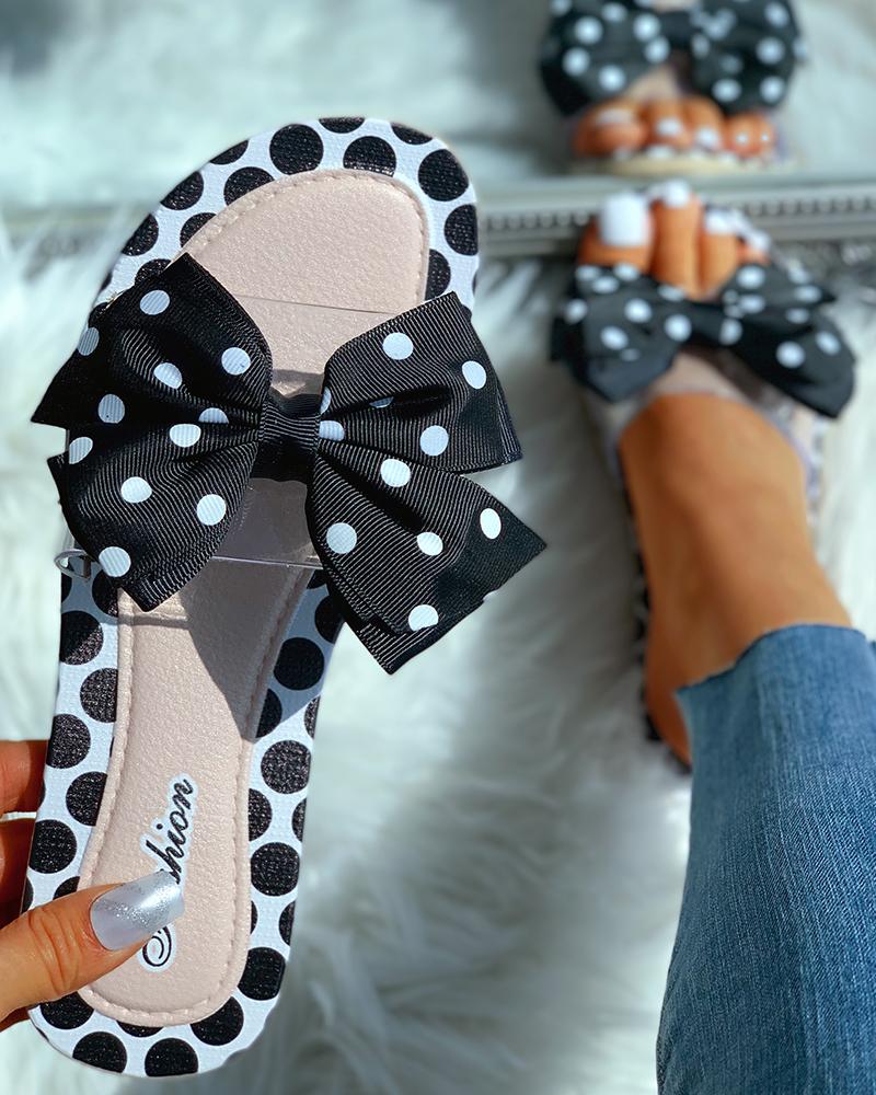 

Transparent Strap Bowknot Dot Flat Slipper, Black