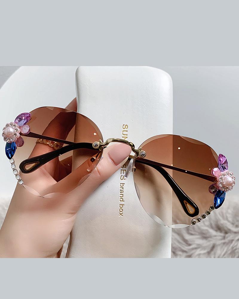 

1Pair Rhinestone Tinted Lens Rimless Frame Sunglasses, Style1