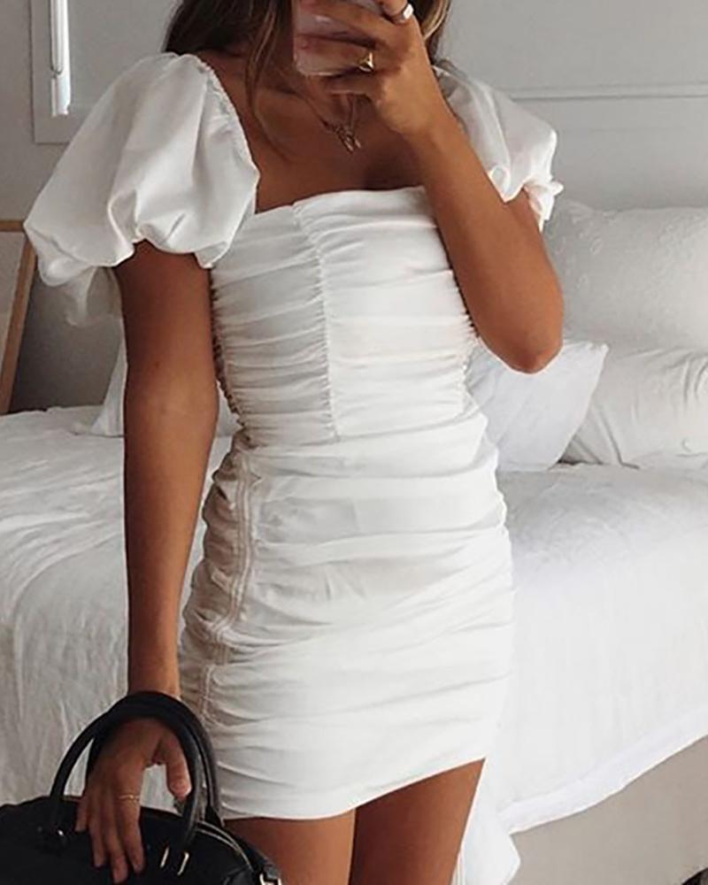 

Ruched Puffed Sleeve Drawstring Satin Dress, White