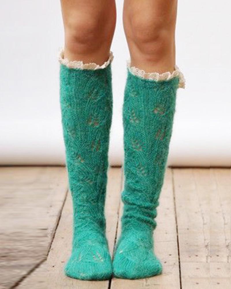 

Solid Lace Patchwork Cut-out Midi-calf Socks, Green