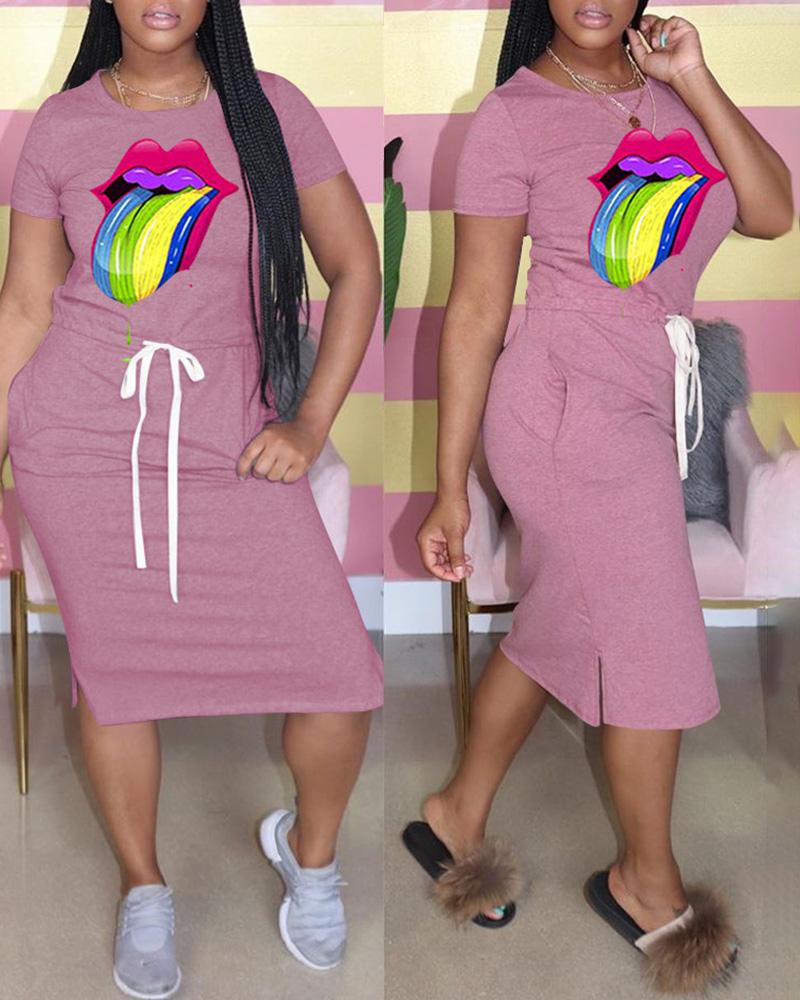 

Lip Print Drawstring Pocket Design Slit Casual Dress, Pink