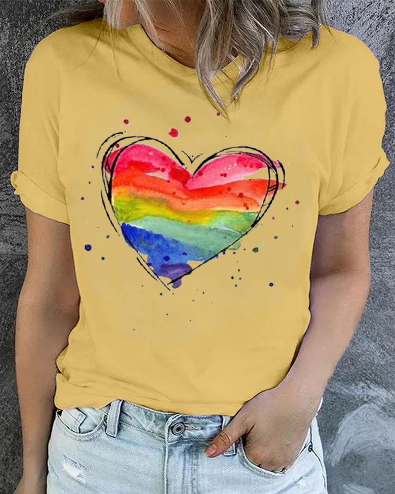 

Pride Month Rainbow Heart Print Round Neck T-shirt, Yellow