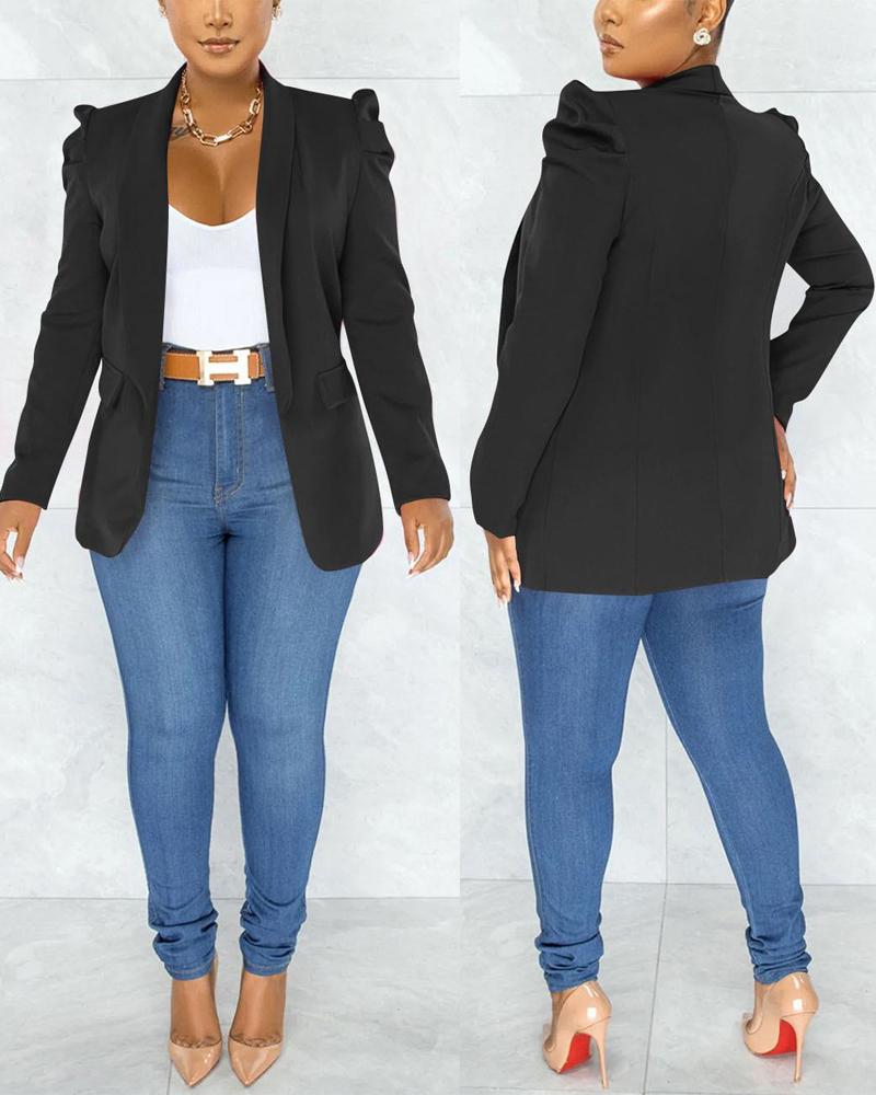 

Plus Size Puff Sleeve Shawl Collar Blazer, Black