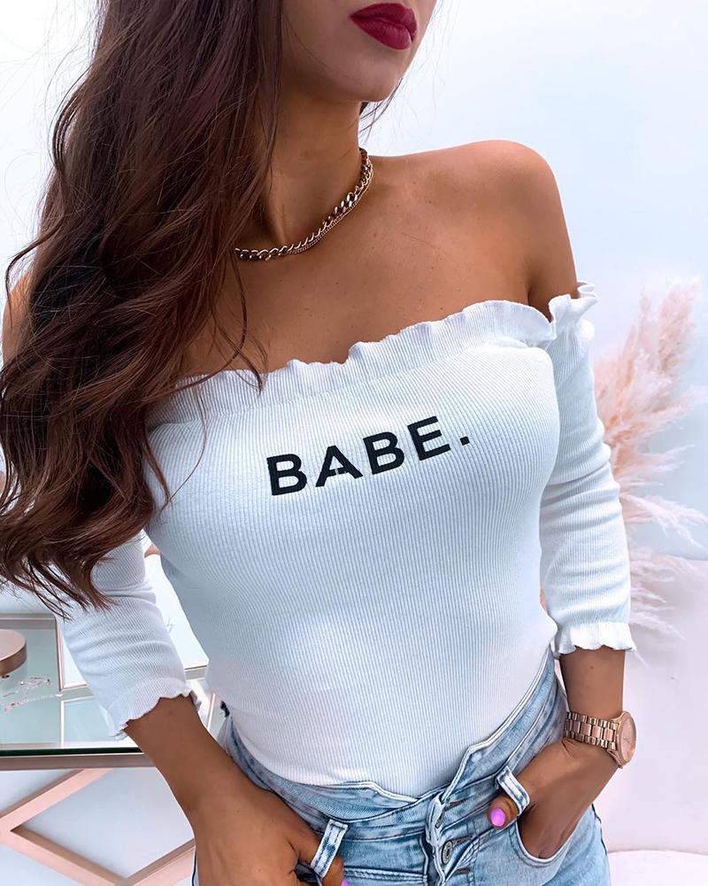 

Off Shoulder Letter Print Frill Hem Women Top, White