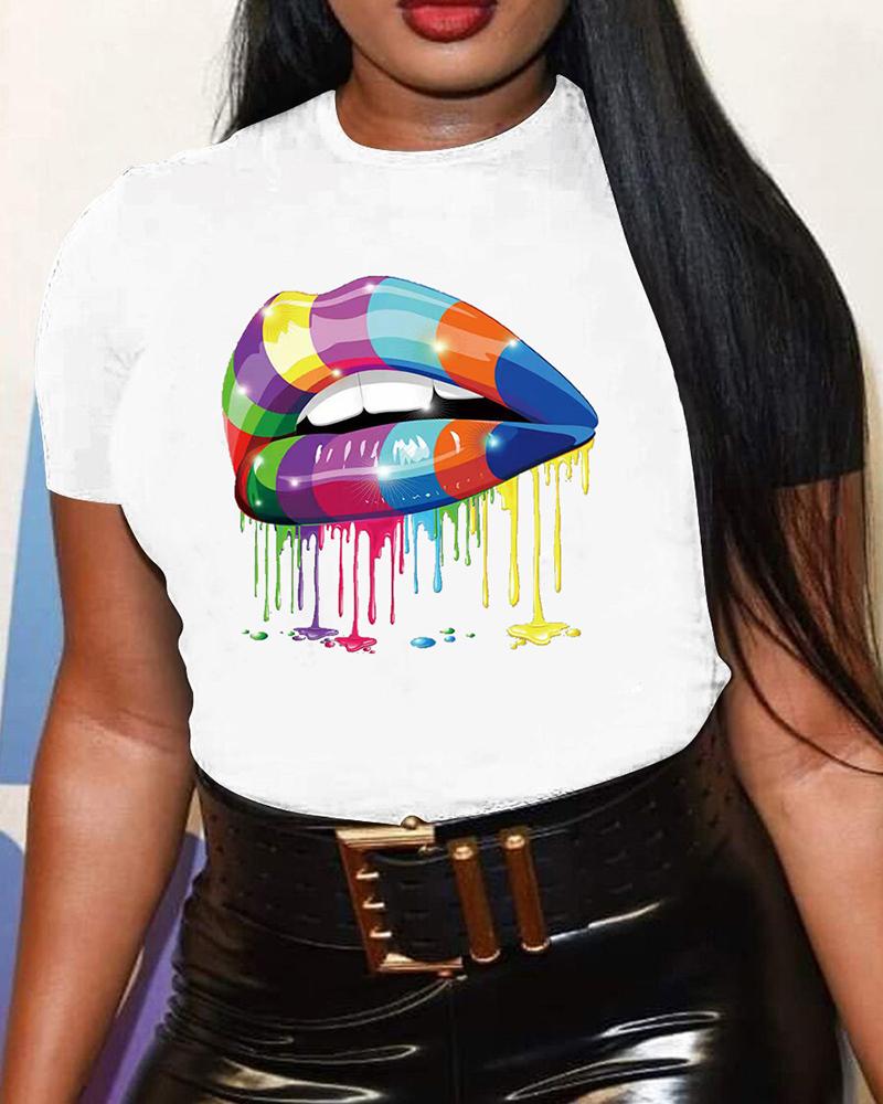 

Plus Size Colorful Lip Print Casual T-shirt, White