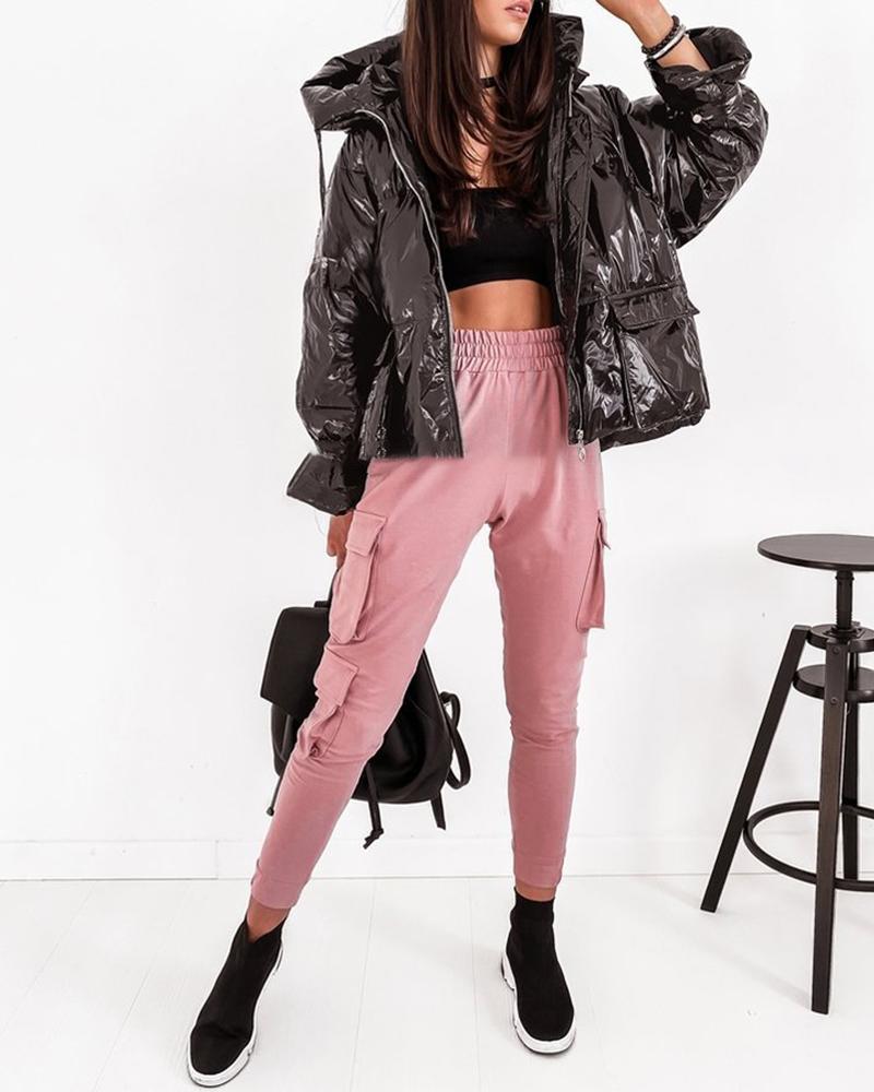 

Pocket Design High Waisted Casual Pants, Pink