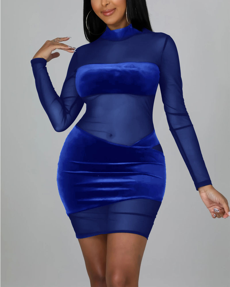

Velvet Long Sleeve Contrast Mesh Bodycon Dress, Blue