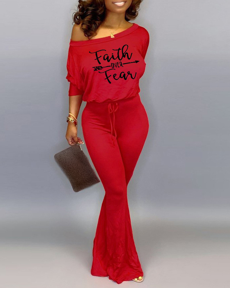 

Arrow Letter Long Sleeve Drawstring Jumpsuit, Red