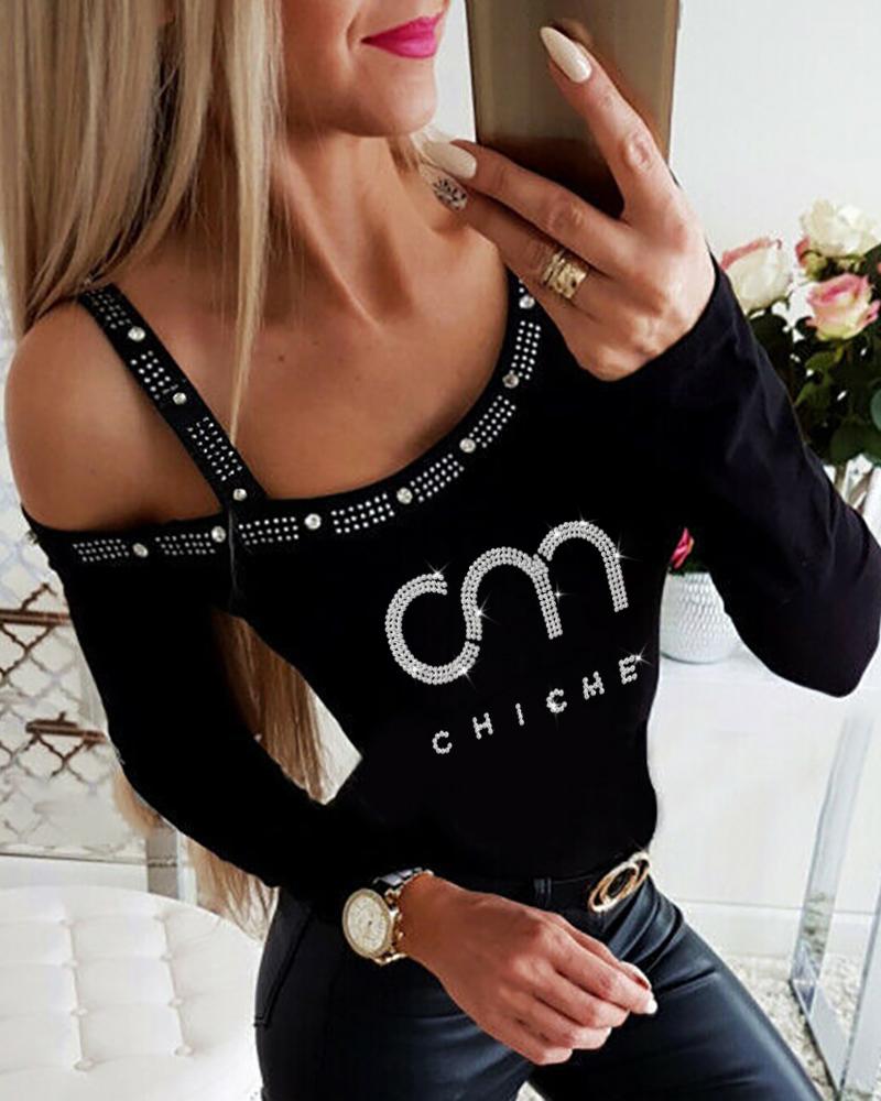 

ChicMe Cold Shoulder Letter Pattern Rhinestone Beaded Decor Top, Black