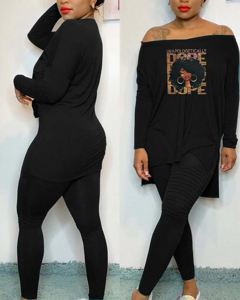 

Figure Letter Print Dip Hem Top & Pants Set, Black