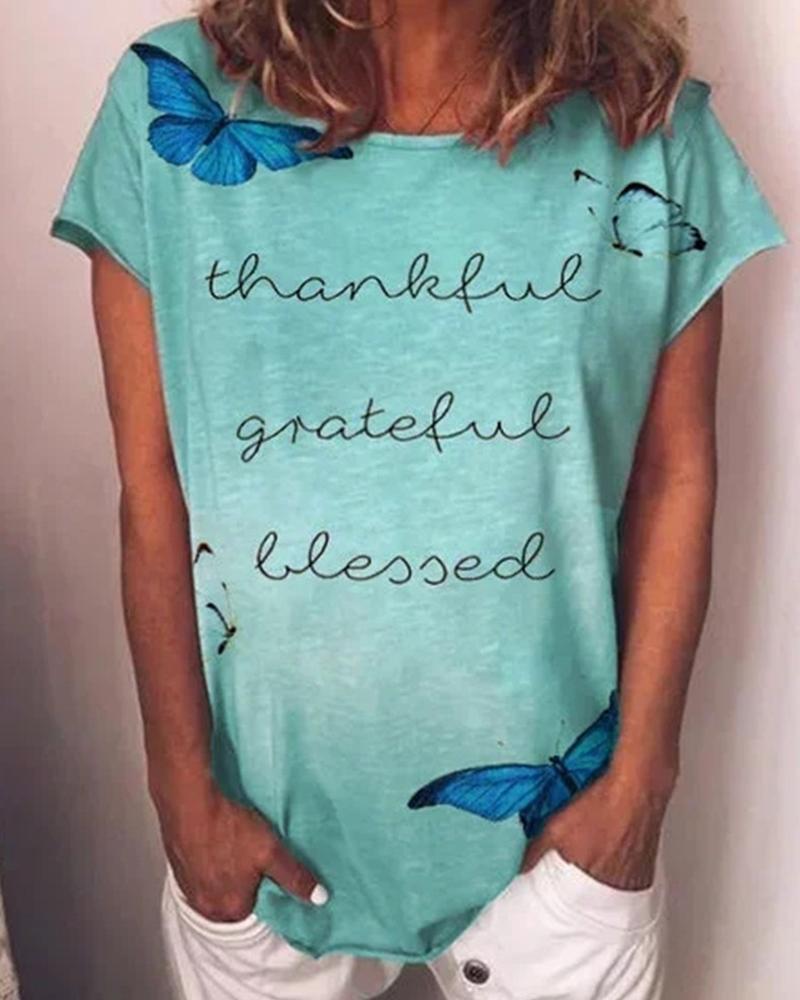

Letter Butterfly Short Sleeve T-shirts, Blue