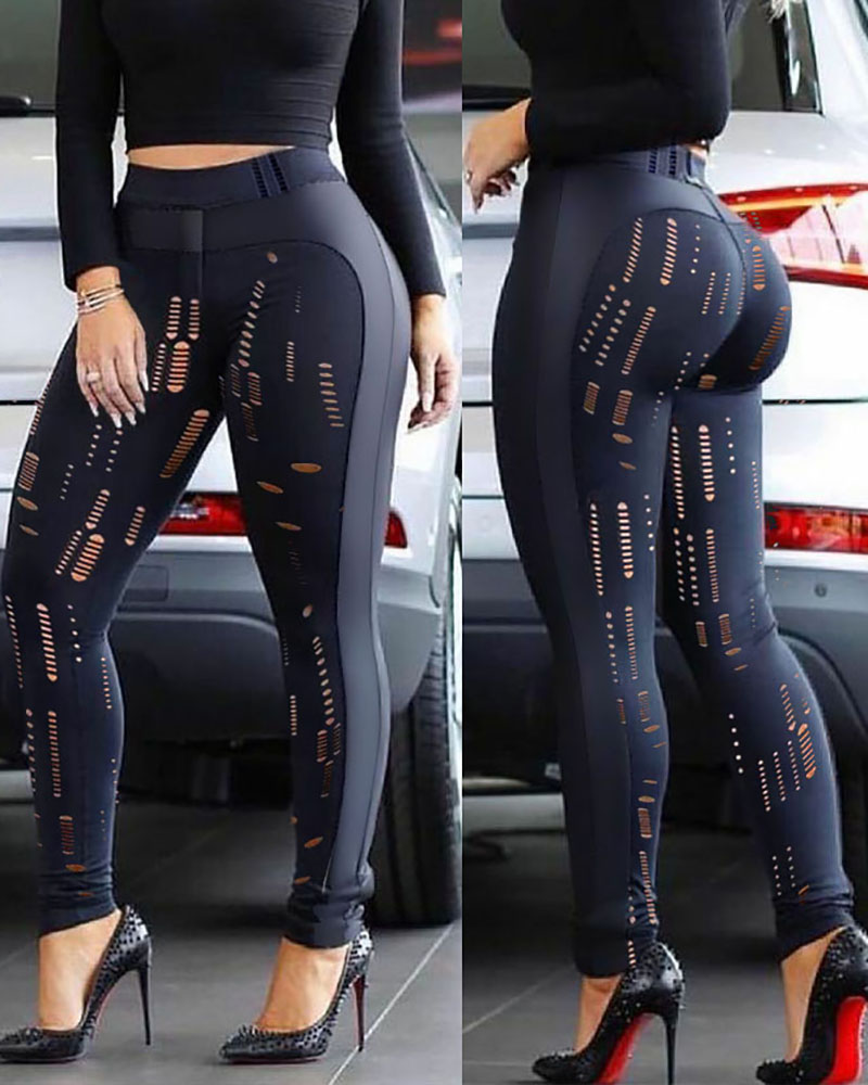 

Hollow Out PU Leather Patch High Waist Skinny Pants, Black
