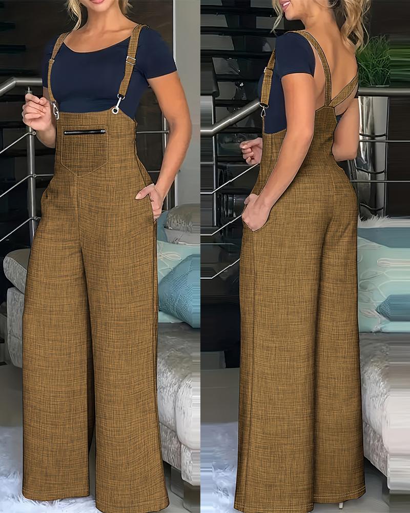 

Pocket Design Wide Leg Suspender Jumpsuit, Khaki