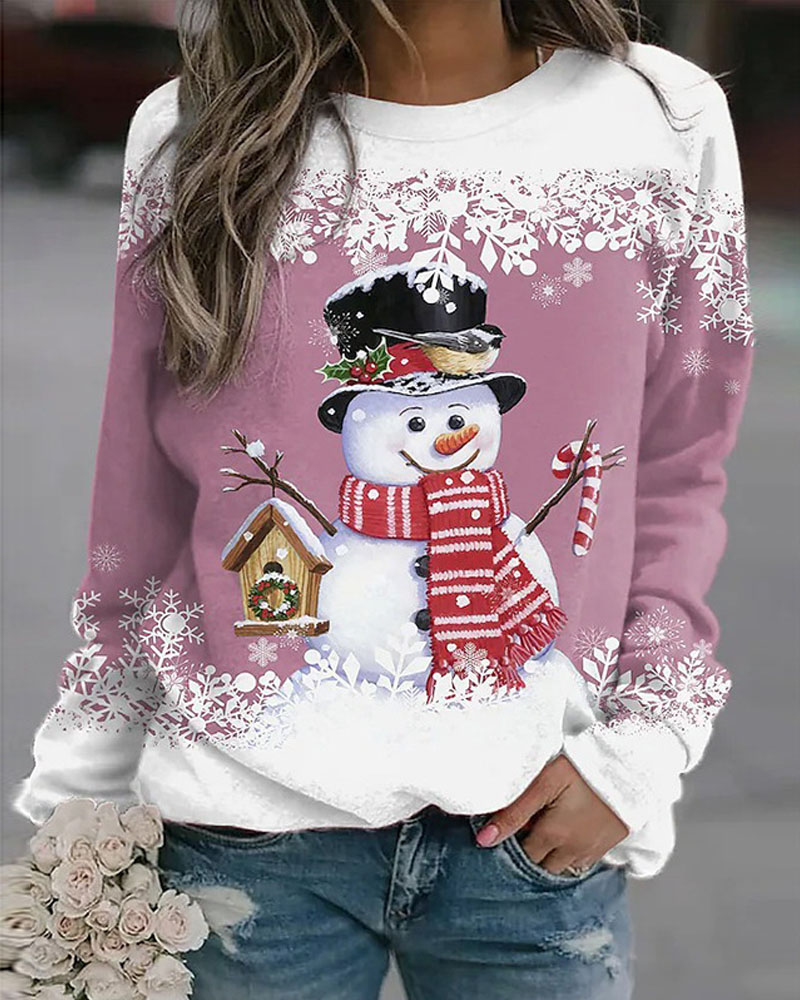 

Christmas Snowflake Snowman Print Long Sleeve Top, Pink