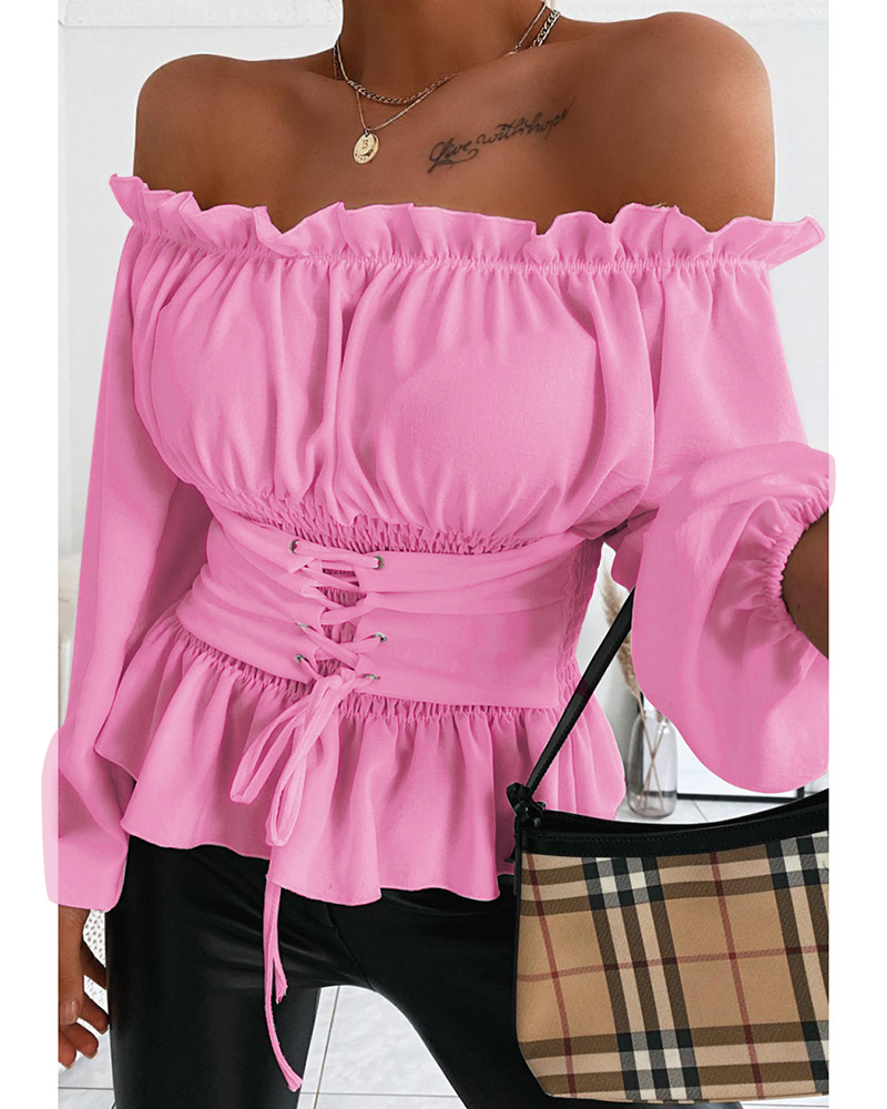 

Off Shoulder Lace-up Front Casual Blouse, Hot pink