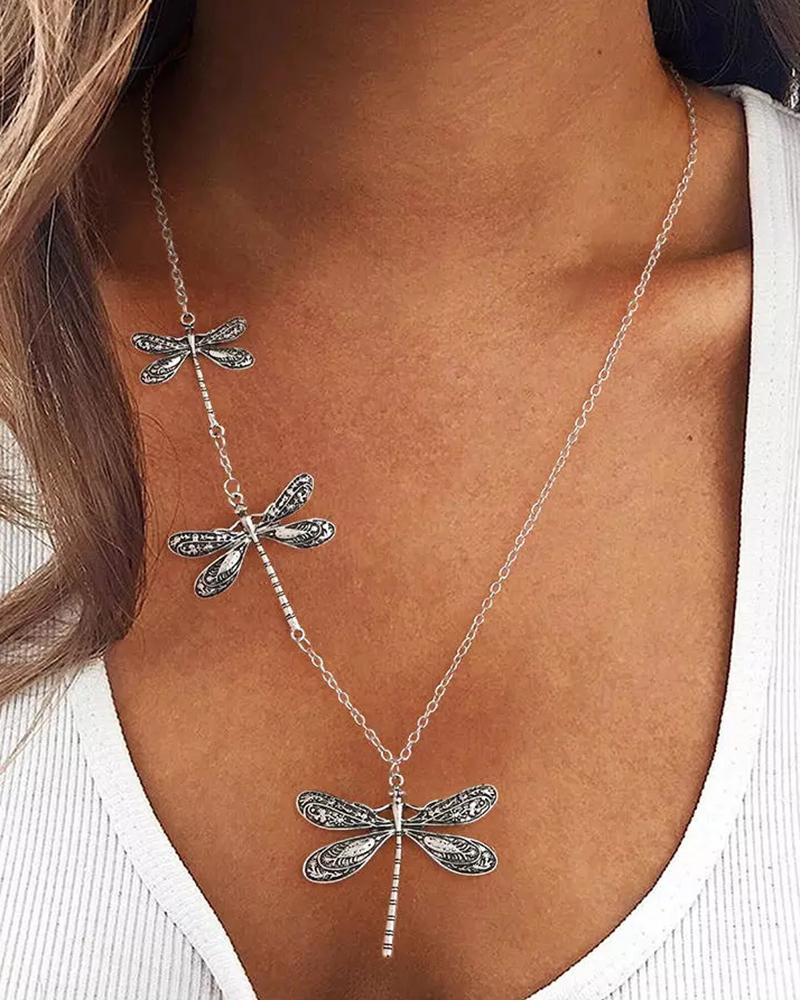 

1pc Asymmetrical Dragonfly Tribal Pendant Necklace, Silver